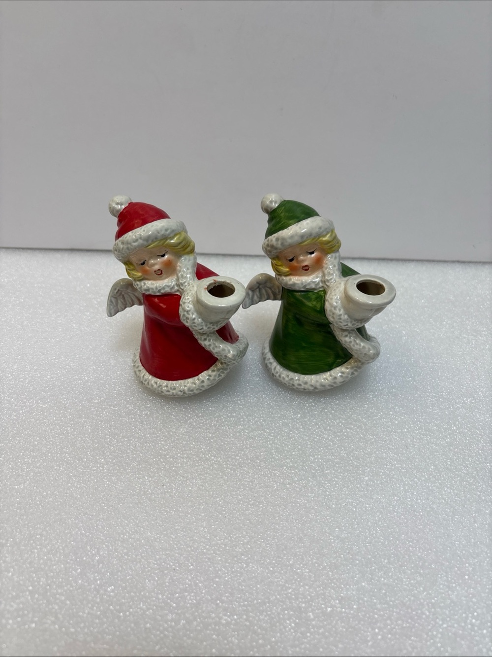 Goebel Pair of Ceramic Angel Candle Holders in Red and Green - Picture 1 of 9